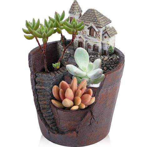 Pot de Plantes Créatif Résine pour Succulentes Mini-Château Décor Maison Bureau Jardin avec Tapis Antidérapant et Trou d'Évacuation Durable Éco 14cm x 20.5cm (1/5)
