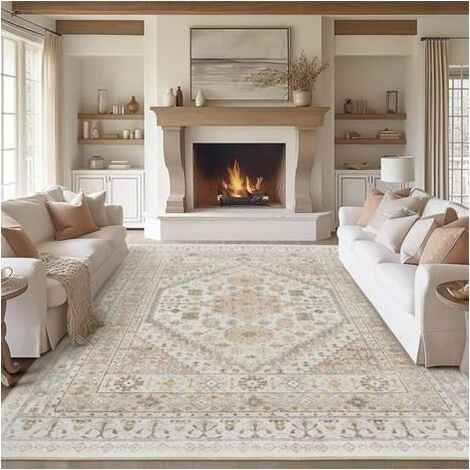 Tapis de salon 4060cm beige clair imitation cachemire lavable tapis de sol lavable rétro grande surface tapis anti-salissure tapis décoration (1/4)