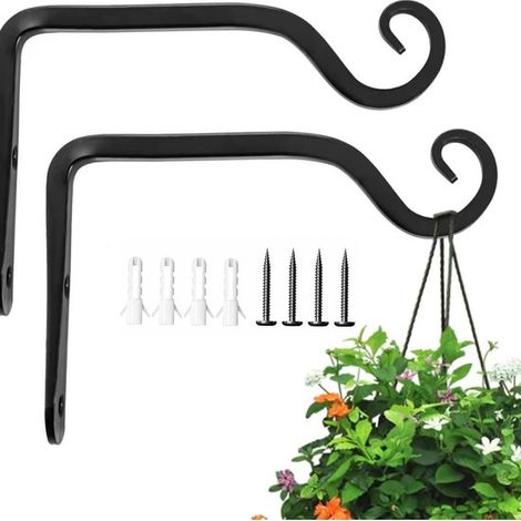 Lot de 2 crochets muraux en fer forgé pour paniers suspendus, plantes, lanternes et carillons, supports robustes pour extérieur, noir (1/5)