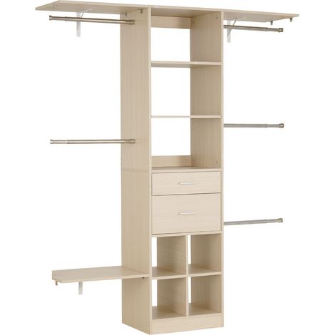 Système de rangement avec 2 tiroirs, organisateur en bois à hauteur réglable, penderie moderne avec 5 tringles escamotables, support vêtements autoportant, gris. (1/5)