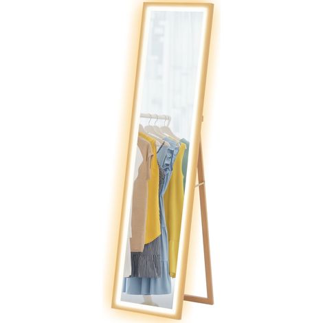 HOMCOM Dimming Full Length Mirror w/ Lights Standing Leaning Wall Mount Oak (1/5)