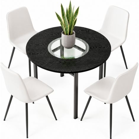 ELVMI Set Tavolo e Sedie con 1 Tavolo Rotondo e 4 Sedie, Piano in Vetro, MDF, Metallo e Similpelle, Marrone Nero e Bianco (1/5)