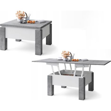 Dusine – Table basse extensible 80-160 cm – Plateau relevable en béton et blanc – Largeur 75 cm – Hauteur réglable 49-76 cm