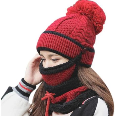 Ensemble écharpe d'hiver pour Femmes avec épais tricoté Chapeau écharpe Couverture de Visage extérieur Chapeau Boucle écharpe -ROUGE (1/2)