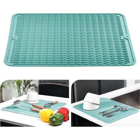Tapis d'égouttement 40 x 30 cm, vaisselle en silicone résistant à la chaleur, antidérapant, tapis d'égouttement, set de table (bleu clair)