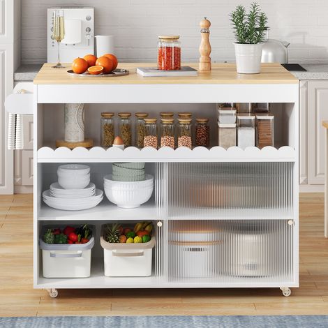 Carrello da cucina pieghevole, 122x46(69)x91 cm, ante scorrevoli in vetro, bianco e naturale (1/5)