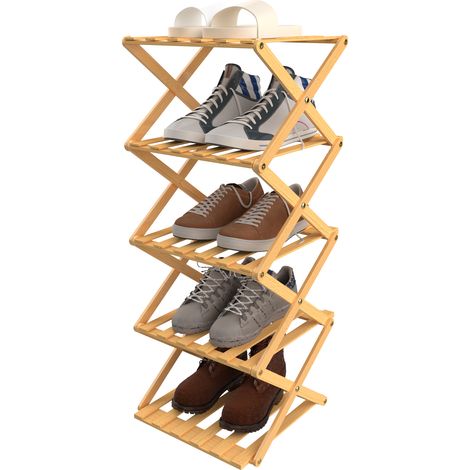 Haloyo® 5-stöckiges Schuhregal aus Bambus, faltbares Schuhregal aus Bambus, für Flur, Schrank, Holzfarbe (1/5)