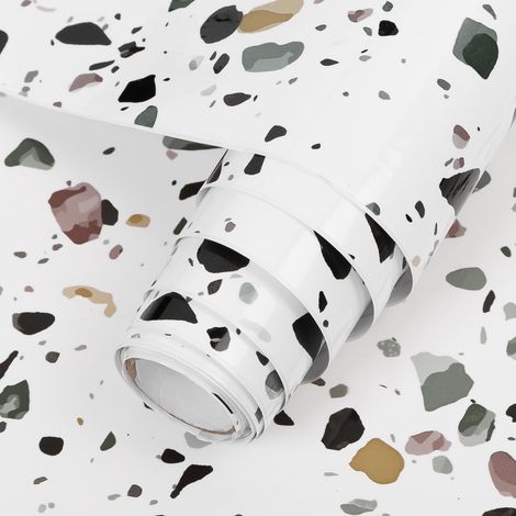WALL DECOR Terrazzo Papier Peint, 40cmx3m Autocollant Granit, Auto Adhesif Papier Peint Amovible Décoratif Film pour cuisine, comptoir, étagères, Vinyle Imperméable