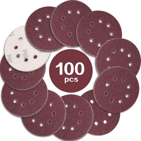 100 Sanding Discs 125mm, Grit 60, 8 Holes, Aluminum Oxide, For Random Orbital Sanders (1/5)