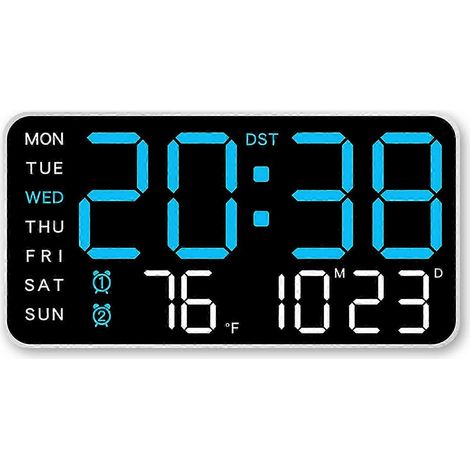 Une horloge numérique moderne et sans cadre, idéale pour les bureaux, dotée d'un grand écran LED, de deux alarmes et d'un rétroéclairage blanc/bleu. (1/5)