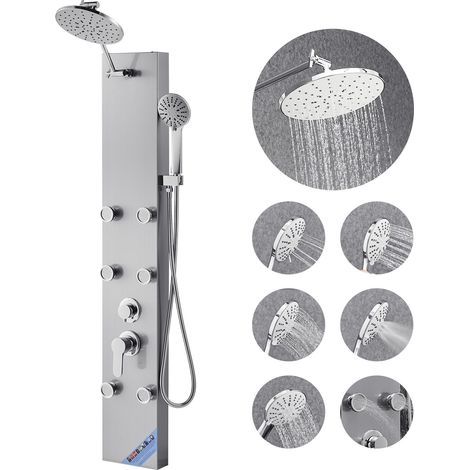 Colonne de douche en acier inoxydable brossé, 49 pouces, avec pommeau de pluie, robinet 3 fonctions, 6 jets corporels et douchette à main, pression élevée, fixation murale. (1/5)