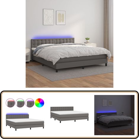 Boxspringbett mit Matratze & LED Grau 180x200 cm Kunstleder - Boxspringbett - Doppelbett - Bettenrahmen - Lederbettwäsche - Luxusbett