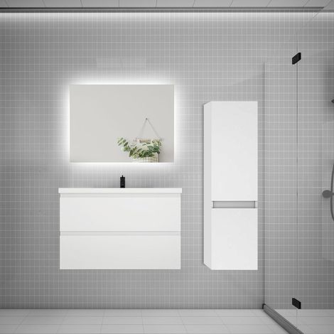 Ensemble meuble de salle de bain et lavabo blanc (L.80cm) 2 tiroirs + meuble haut + lavabo + miroir LED