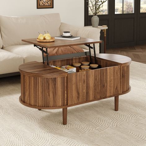 Table basse ovale réglable 100x48x53,5 cm avec rangement, style vintage, pieds bois massif, meuble salon multifonction, MDF, Effet noyer (1/5)