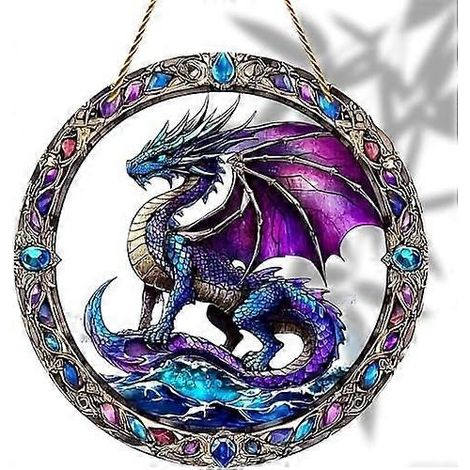 Décoration murale attrape-soleil en vitrail acrylique « Sorcière au clair de lune » (20 x 20 cm), motif sorcière, 8 x 8 pouces (20 x 20 cm), panneau teinté, dragon violet (1/5)