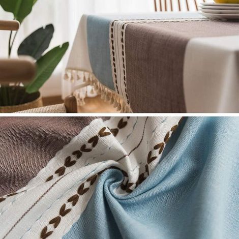 Nappe Exterieur Rectangulaire Anti Tache Nappe Lavable Tissu Nappe Table a Manger Nappe Cuisine Nappe Picnic Nappe Design Pompon Décoration De Table(Rayures Bleu Cafe, 140x180cm) (1/3)