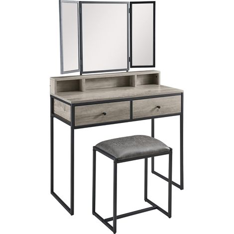 Padma House Schminktisch mit Spiegel und Hocker, Schminktisch, 2 Schubladen und 3 Organizer-Fächer, Schlafzimmer-Kommode, Make-up-Schreibtisch für Mädchen und Frauen, Industrie-Stil
