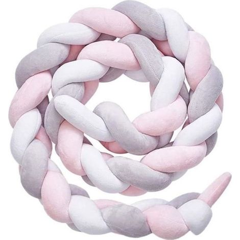 3M Tour de Lit Coussin Serpent Coussin Tressé Pare-chocs Velours Protection Bébé (Gris blanc rose) (1/4)
