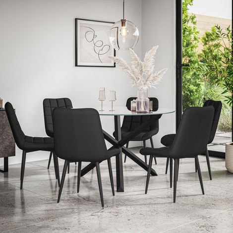 Malvern Round Dining Table And Chairs - Clear Glass Table Top w Solid Black Oak Legs + Nova Faux Leather Dining Chair Set Of 6 (Black) (1/4)