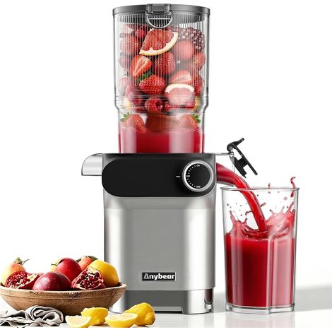 Extracteur de jus, 200W Extracteur Lent avec Goulotte d'alimentation de 110 mm pour Fruits et Légumes Entiers Vis sans fin Améliorée Matériau Tritan Sans BPA Recettes de Jus (argent) (1/5)