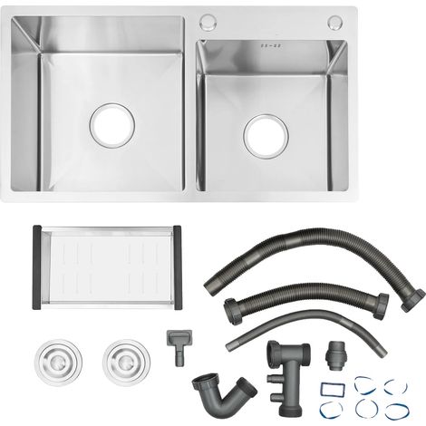 Évier de cuisine, design à double cuve, acier inoxydable durable, Argent (1/2)