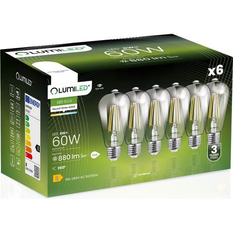 6x LED-Lampe E27 Edison ST64 8W = 60W 880lm 4000K Neutralleiter 360° Glühfadenbeleuchtung