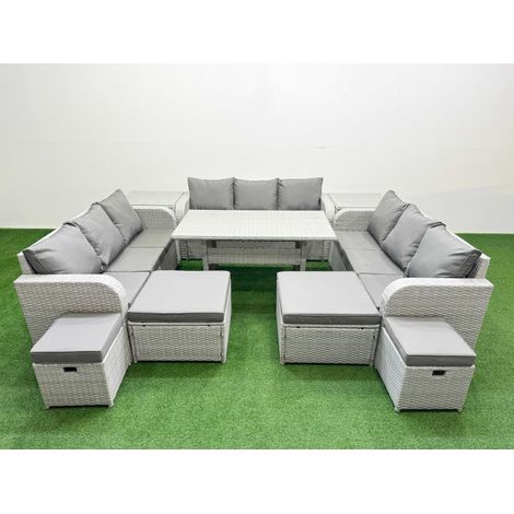 Fimous PE Rattan Lounge Sofa Set 10 Seater Outdoor Garden Furniture Set with Dining Table 3 Seater Sofa 2 Big Footstools 2 Side Tables Light Grey (1/4)