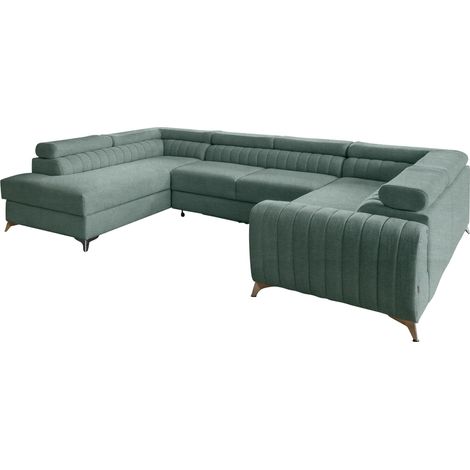 Canapé panoramique convertible LOUVE tissu - Rangement et têtières réglables à gauche-Vert emeraude-Coffre à gauche (1/5)