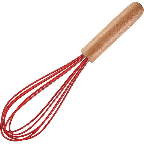 (Rouge) Batteur à œufs de 25 cm avec manche en bois, fouet réutilisable en silicone, mélangeur à œufs manuel, mousseur à lait pour la pâtisserie (1/5)