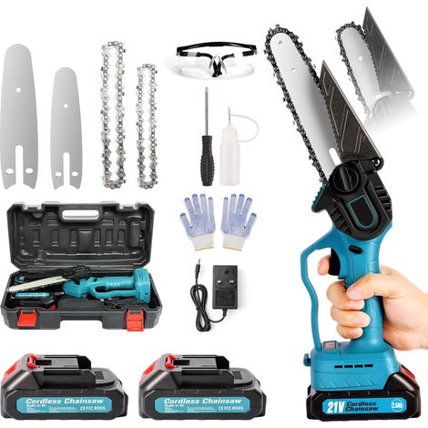 Verbesserte 6-Zoll-Mini-Elektrokettensäge mit 2 Akkus, kabellose 21-V-Kettensäge mit Sicherheitsschalter für Baumschnitt und Holzzuschnitt (1/5)