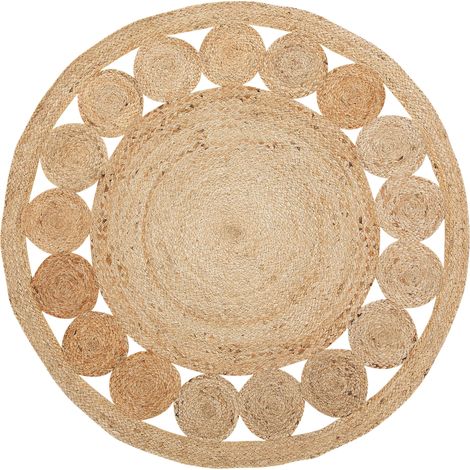 Alfombra de yute beige trenzada ø 120 cm sala de estar rústico boho moderno Ahlat