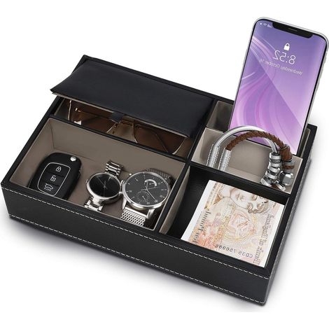 Organiseur de table de chevet à 5 compartiments en similicuir noir - Boîte de rangement pour portefeuille, téléphone, clés, bijoux, accessoires, argent et bracelets - Rangement pratique pour la maison (1/5)