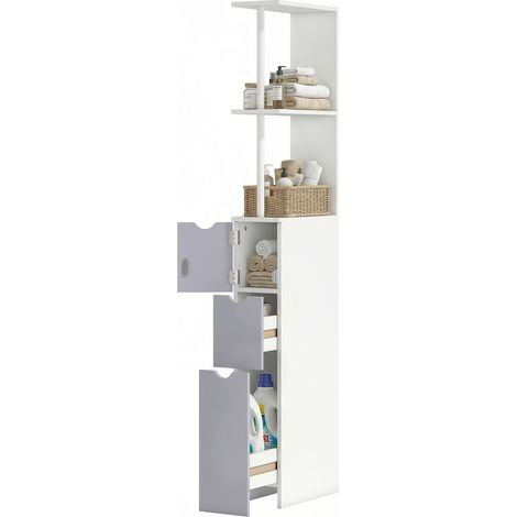 Colonne de Salle de Bain, Meuble de Salle de Bain Gain de Place en Bois, Meuble avec Armoire, Étagères et Tiroirs, 15x33x136.8 cm, Gris Clair (1/5)