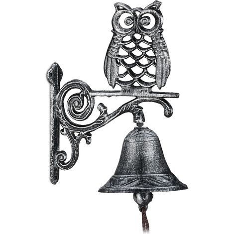 Relaxdays 2x Cast Iron Door Bells, Antique Design, Owl with Cord, Weatherproof, Garden Decoration, 26.5x19x11 cm, Silver