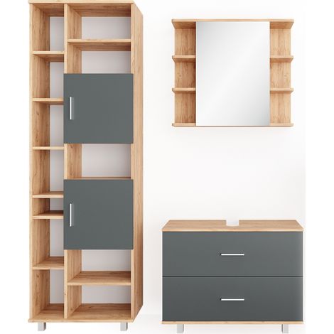 Set mobili bagno Ilias, Antracite/Rovere dorato, 3 parti, con colonna, Vicco