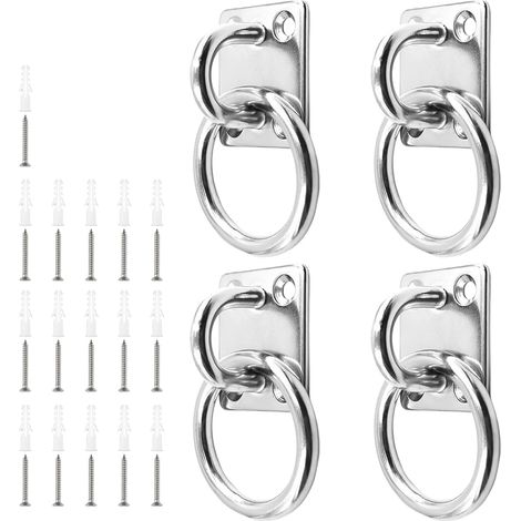 Set 4 Anelli Fissaggio in Acciaio Inox con Piastra a Occhiello 6 mm, Base Quadrata, Viti e Tubo Distanziatore per Pali in Legno e Pareti Solide