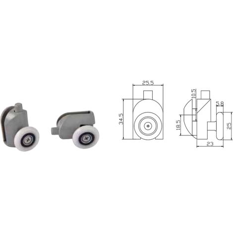 Coppia Cuscinetti Singola Ruota Attacco Superiore Box Doccia – Nylon Grigio Ø25 mm – Foro Vetro 12 mm