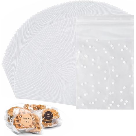 Lot de 100 sacs en cellophane autocollants - 10 x 15 cm - Transparent - Avec 17 autocollants - Petits sacs à biscuits pour anniversaire, mariage, remerciement (pois blancs) (1/5)