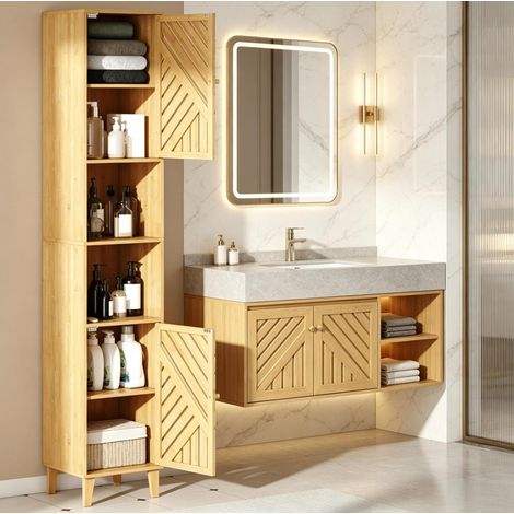 Colonne de salle de bain étroite en bambou et panneau de particules, meuble de rangement haut avec étagères ouvertes, placards et tablettes réglables - CHICFURN (1/5)