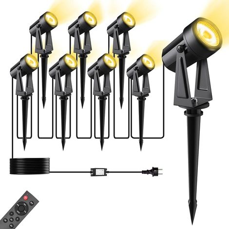 Spot LED Extérieur 29M/96FT 8 Pièces, Luminaire Exterieur Avec Télécommande 27V Basse Tension, Lumière blanc chaud 3000K, Étanche IP67, Lampe Avec Adaptateur, Pour Cour, Arbres (1/5)