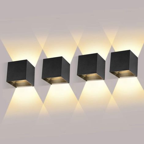 Confezione da 4 applique da parete per interni/esterni da 12W con angolo del fascio regolabile, LED bianco caldo 3000K, impermeabili IP65, colore nero.