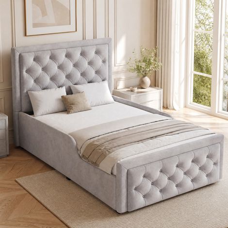 Cama infantil 90/200 cm de terciopelo gris con arcón hidráulico, cabecero capitoné y somier incluido (1/5)