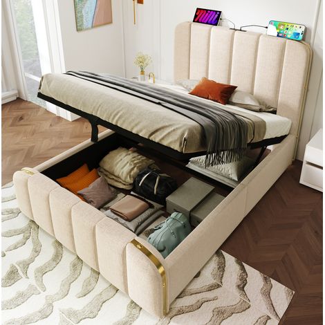Bett mit Stauraum Leinen Beige 90x200 cm, mit USB-/Typ-C-Anschluss und Lattenrost (1/5)