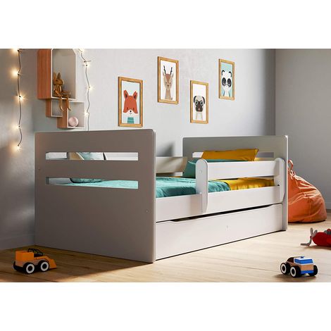 Lit enfant avec barrière de sécurité amovible blanc et gris Moly-Matelas mousse-80x160-Tiroirs Avec tiroir (1/5)