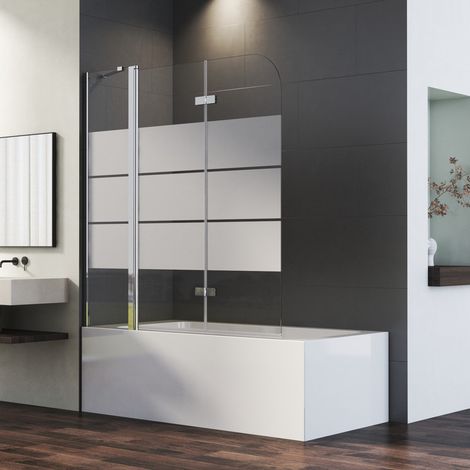 Duschwand für Badewanne 140x140 cm Badewannenaufsatz 3-teilig Duschtrennwand für Badewanne Duschwand Badewanne Faltwand Duschabtrennung Badewanne, 6mm ESG Glas mit Milchglas Streifen