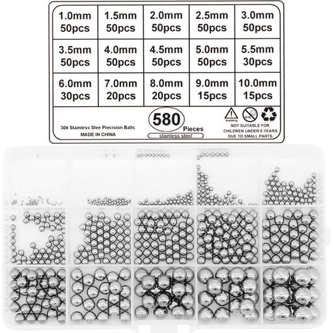 Lntyq Billes en Acier, 580 Pcs Roulements à Billes en Acier Inoxydable 1mm-10mm Acier Inoxydable Billes Roulement