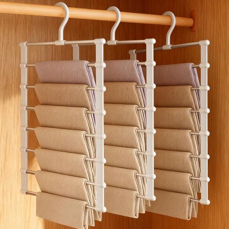 Set mit 3 platzsparenden Hosenbügeln, 6-in-1 weiße, rutschfeste Hosenbügel aus Edelstahl, faltbarer Bügel für Hosen, Schals, Jeans, Kleidung, Handtücher (1/5)