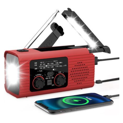 Solar powered hand crank survival radio with power bank, LED flashlight, SOS alarm, ideal for emergency situations and camping. (1/5)