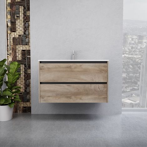 Inda - Badezimmerschrank 2 Schubladen B.100 mit glänzendem Waschbecken / Natureiche - Smeraldo