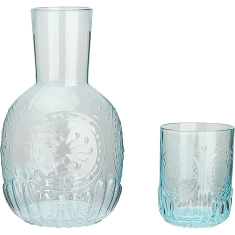 Ensemble pichet et verre, carafe à eau de chevet, bouteille en cristal rétro avec relief pour jus bleu (1/5)